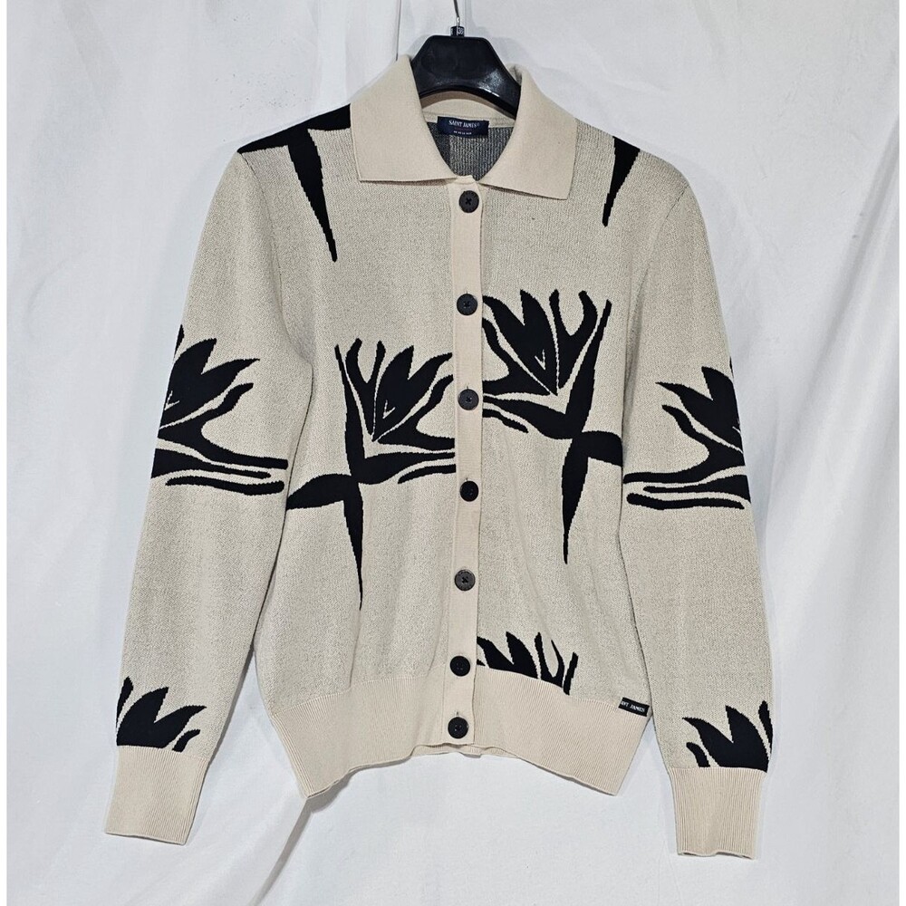 Saint James Cotton Polo Collar Cardigan Sweater Abstract Floral Cream Black Sz 8 - Picture 2 of 10